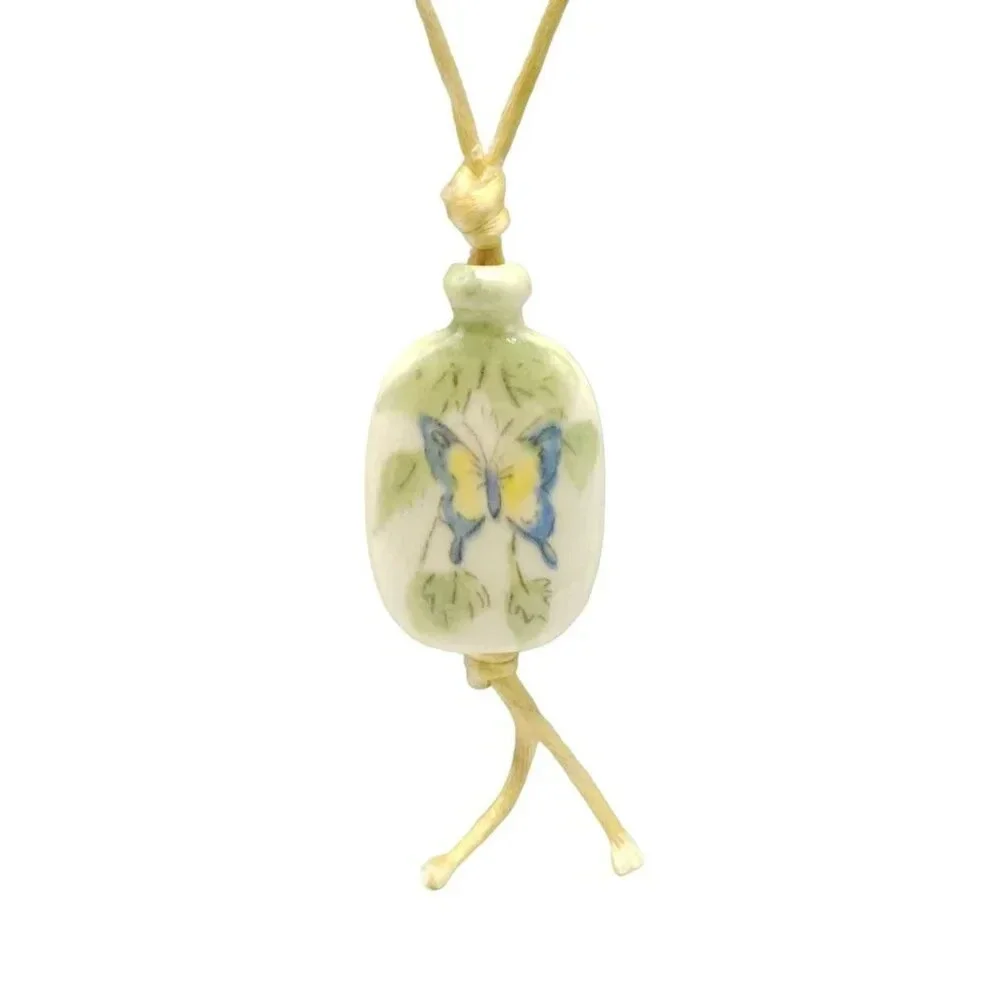 Avon Hand Painted Tender Butterfly Ceramic Pendant Necklace Vintage